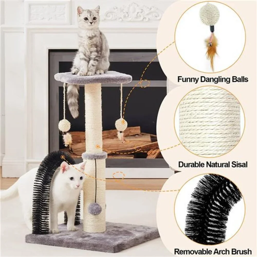 Cat Scratching Post with Self Groomer and Dangling Balls, Grey